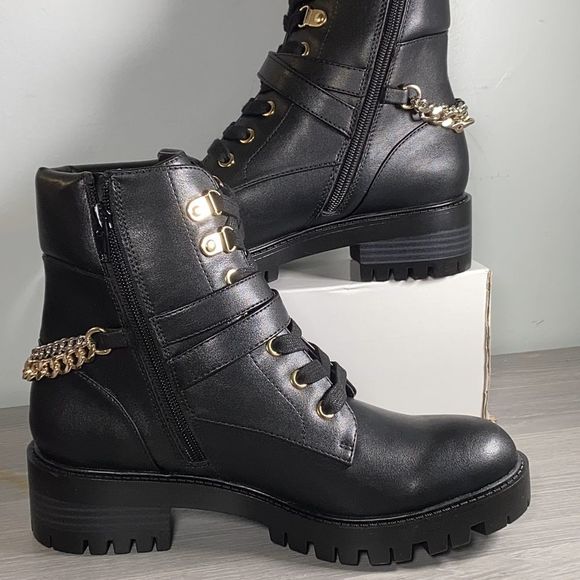 Rachel Zoe Combat Boots with chunky heel and gold & silver chain accents, Black - Picture 4 of 6